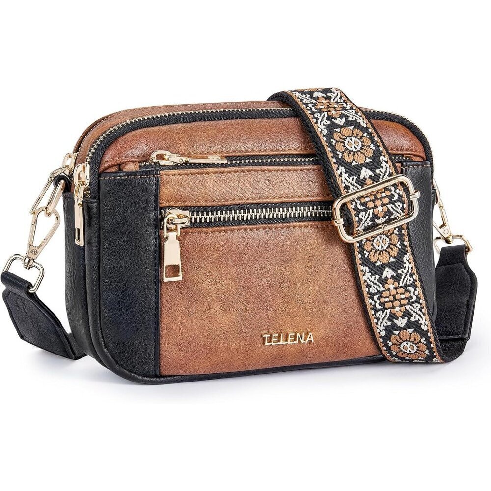 Telena Women Black Brown Vegan Leather Shoulder Handbags With Adjustable Strap